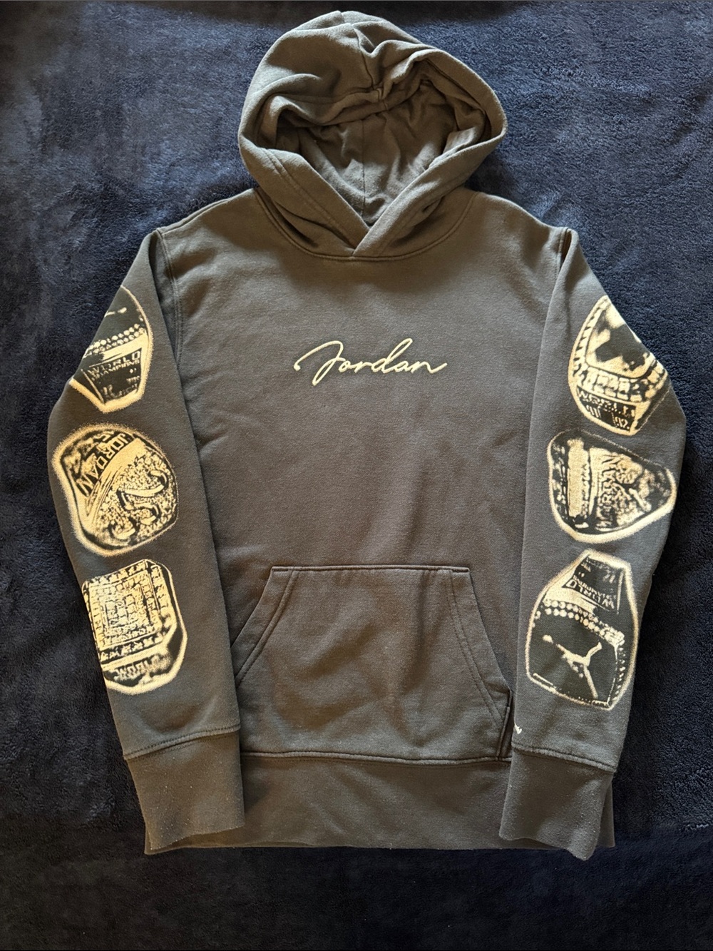 Jordan Dark Great Hoodie with Cream Script and Sleeve Graphics